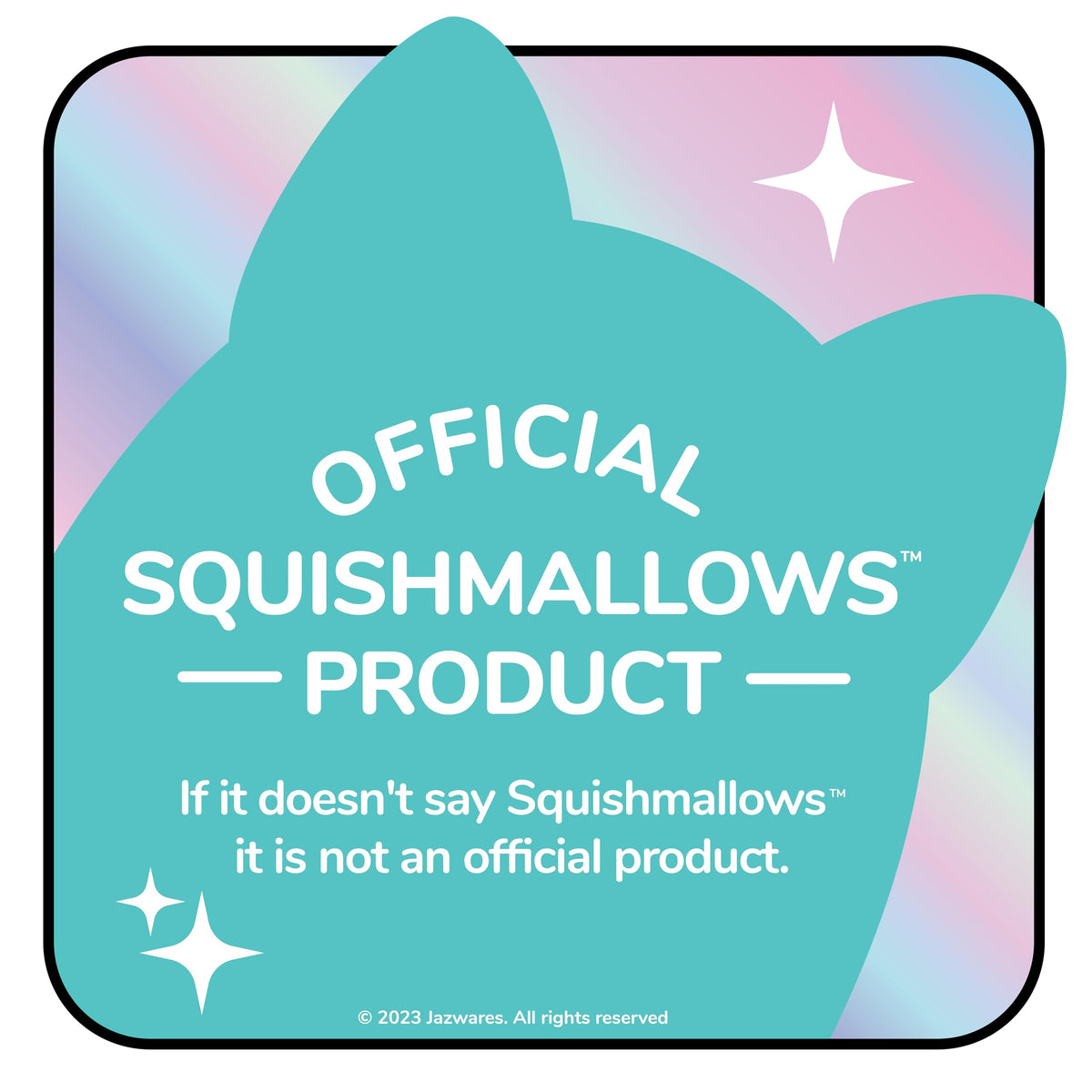 Official Squishmallows logo on pastel background confirms authenticity of plush products like Salami Re.