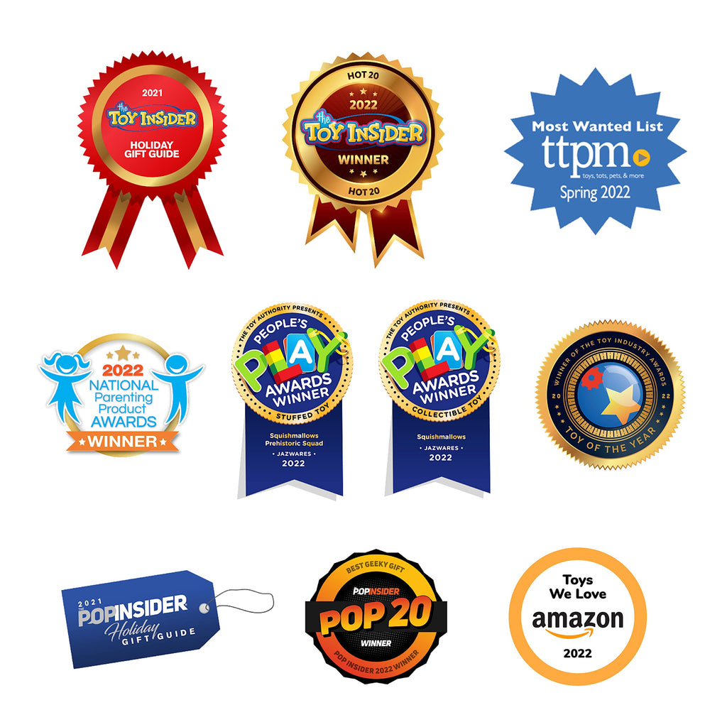 Collection of award badges recognizing toys, including Toy Insider and People's Play Awards. Verified by CuratCart.