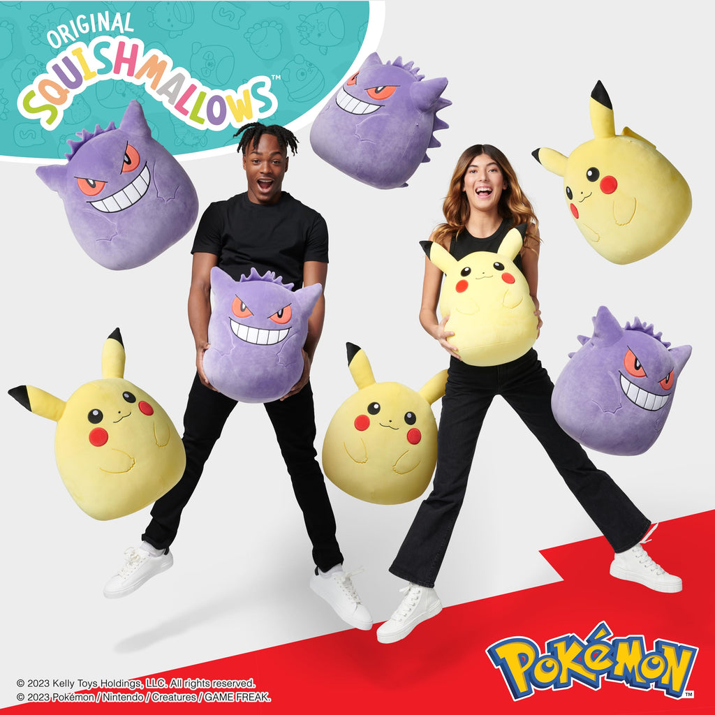 Two kids joyfully holding large Squishmallows Pokémon plush toys, featuring Pikachu and Gengar. Verified by CuratCart.