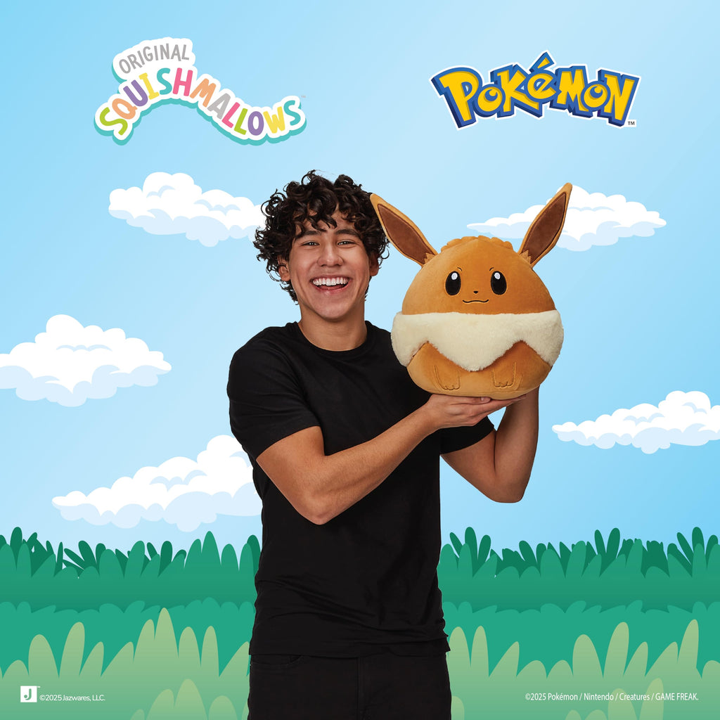 Official Squishmallows Pikachu plush toy, 14 inches, showcased with a happy child outdoors. Original packaging visible.