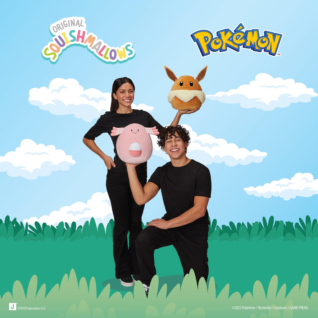 Authentic 14-inch Pikachu Squishmallow, part of the Pokémon collection, showcased by smiling models against a bright sky backdrop.