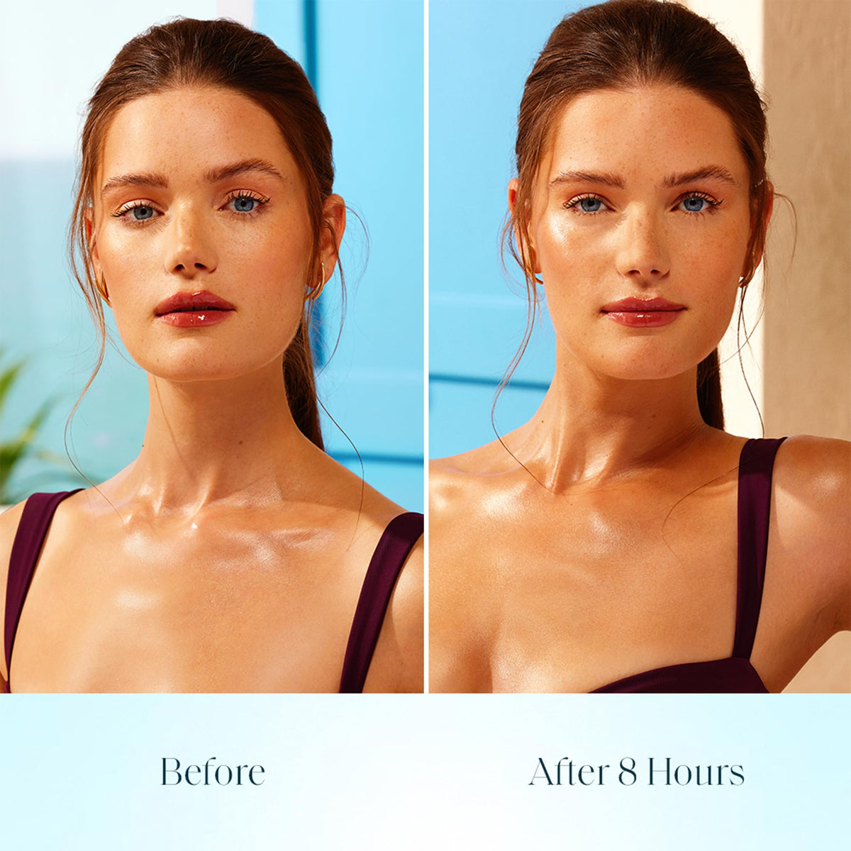St. Tropez Self Tan Face Mist shown on a model, illustrating before and after results after 8 hours of application.