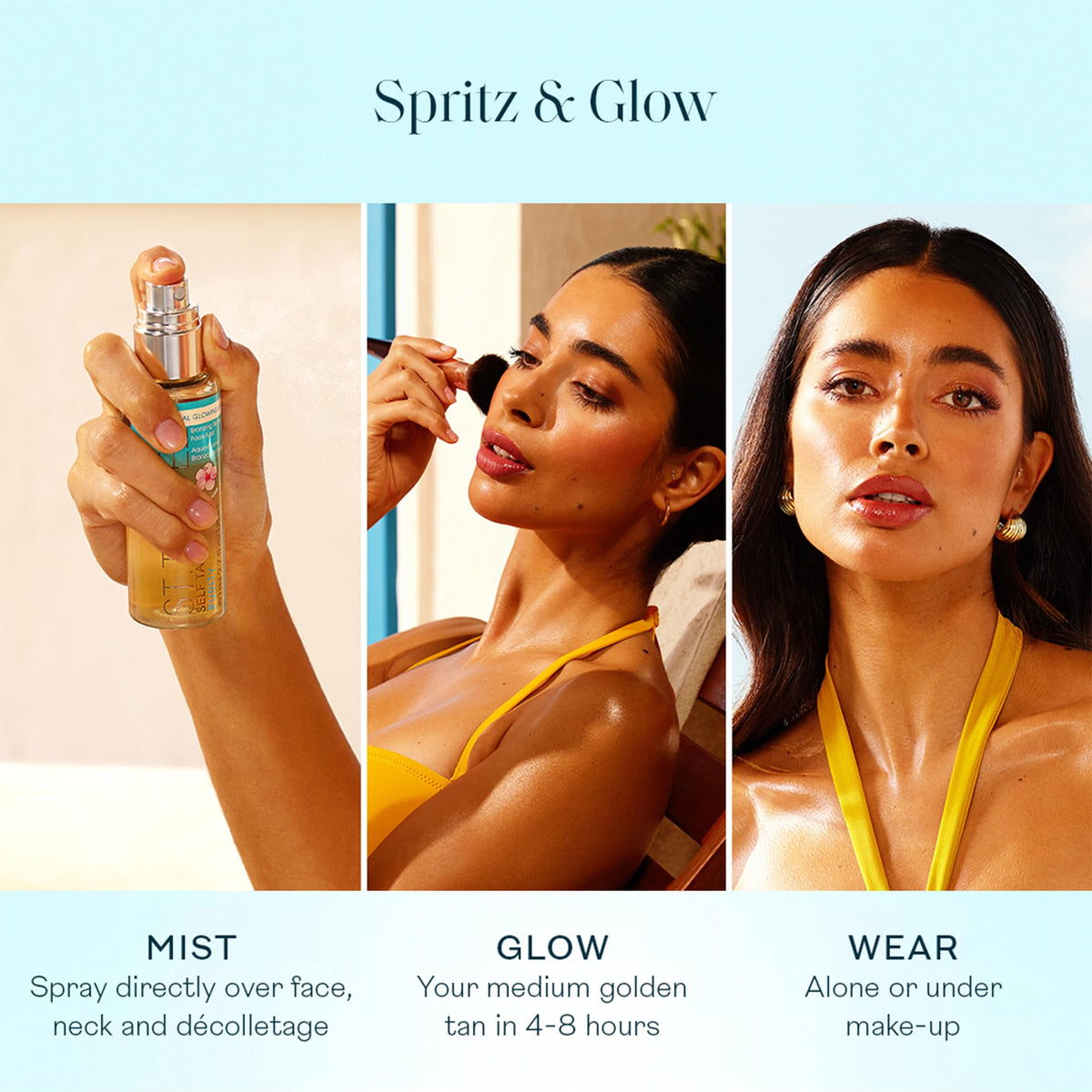 Premium imported St. Tropez Self Tan Face Mist for a golden glow in 4-8 hours, perfect for makeup or bare skin.