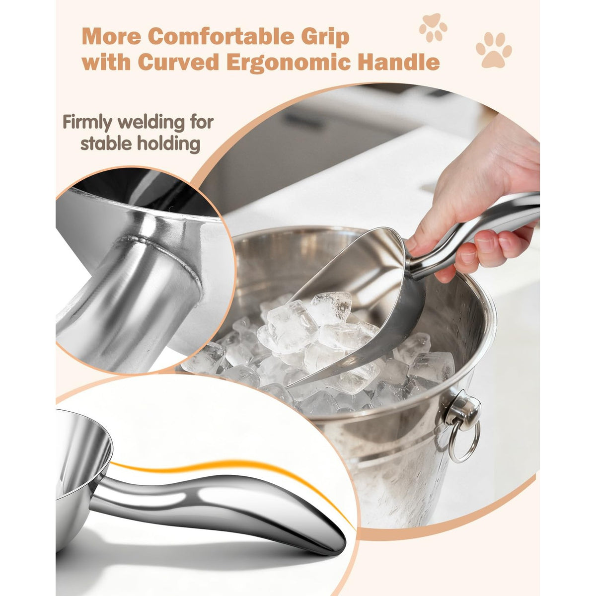 The stainless steel dog food scoop features a curved ergonomic handle for a comfortable grip, ensuring quality performance. Available at Curat Cart.