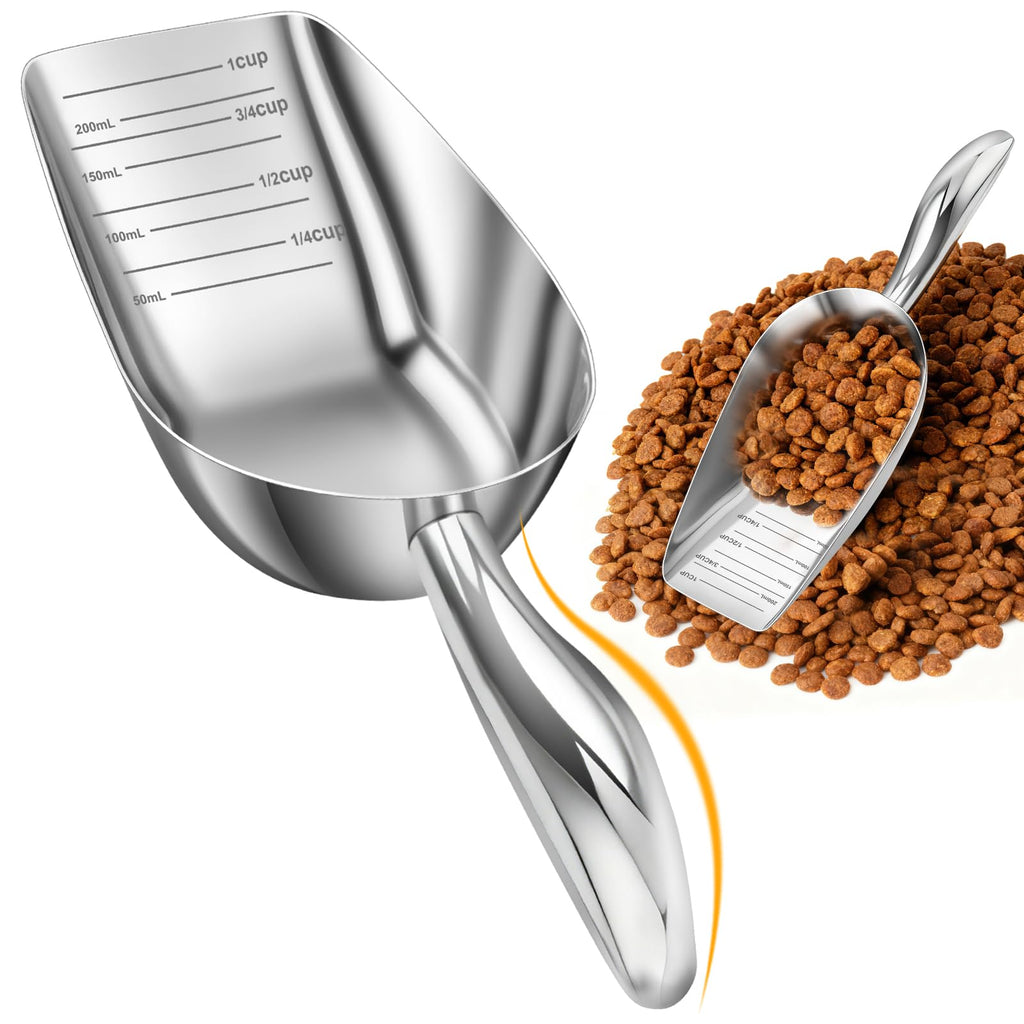 Premium imported stainless steel dog food scoop with measurement markings, perfect for precise feeding. Available at Curat Cart.