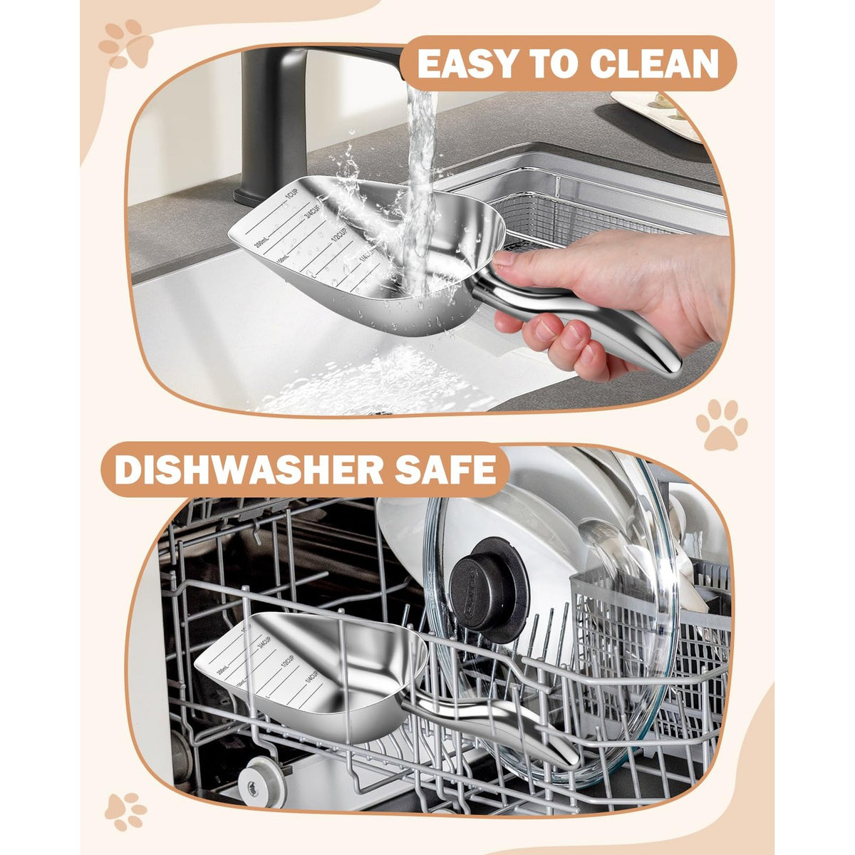 Discover the premium imported stainless steel dog food scoop, easy to clean and dishwasher safe, exclusively at Curat Cart.