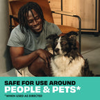 STEM Bug Spray shown with a smiling user and a dog, highlighting safety for pets and people. Available at Curat Cart.