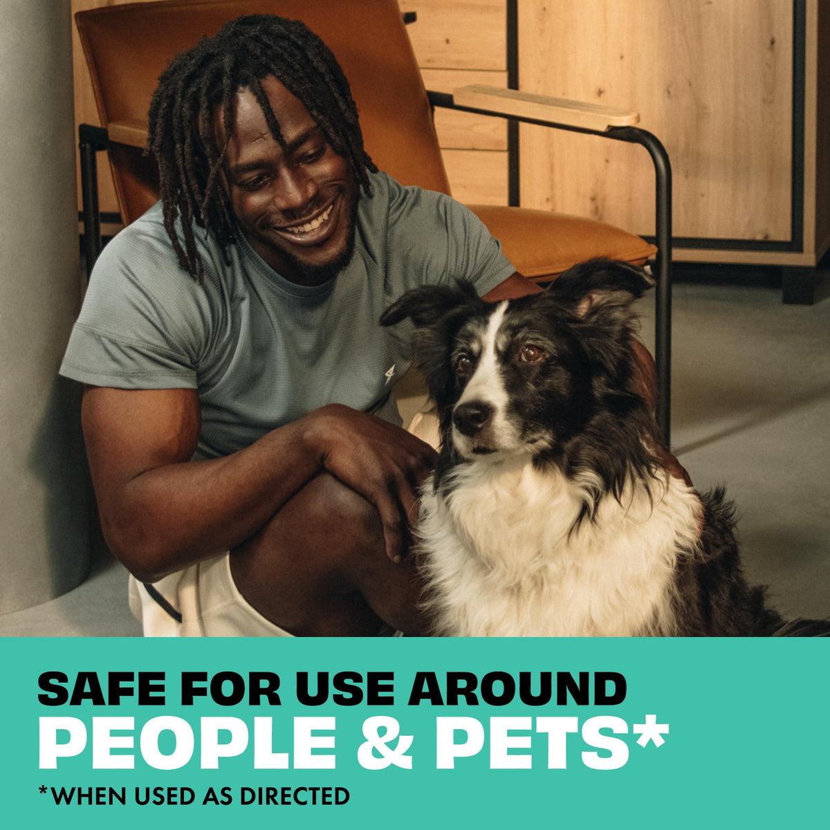 STEM Bug Spray shown with a smiling user and a dog, highlighting safety for pets and people. Available at Curat Cart.