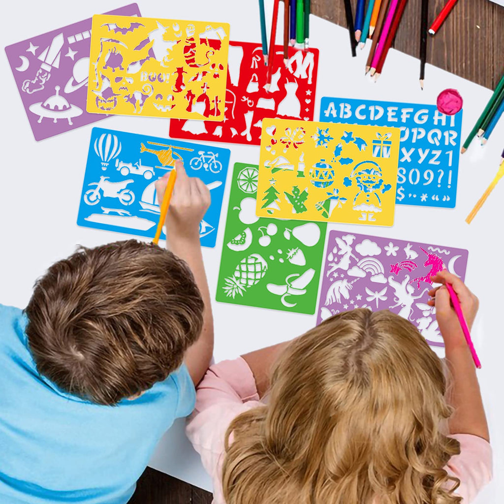 Engaging stencil drawing kit for kids, specially curated by Curat Cart, featuring vibrant designs for creative fun.