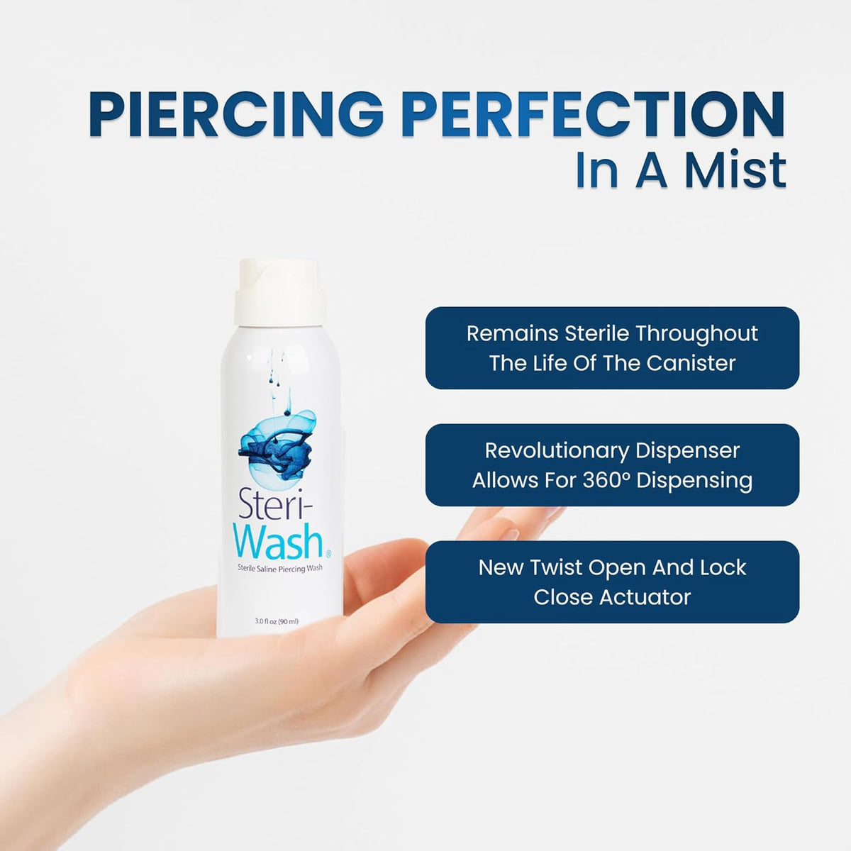 Steri-Wash Aftercare Piercing Spray offers 360° dispensing and remains sterile. Verified by CuratCart for safe piercing care.