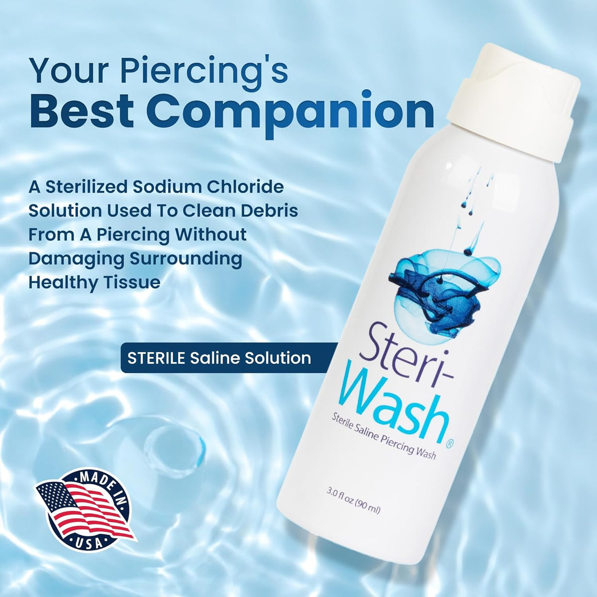 Premium imported Steri-Wash aftercare spray, a sterile saline solution for safe piercing care, made in the USA.