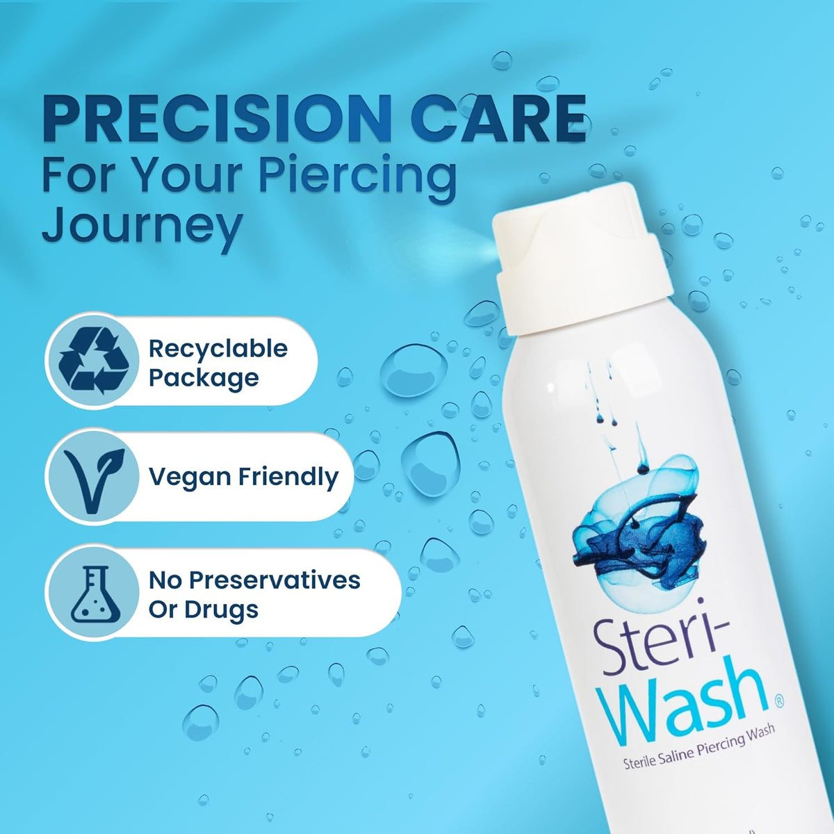 Steri-Wash Aftercare Piercing Spray in a recyclable package, vegan friendly, with no preservatives or drugs.