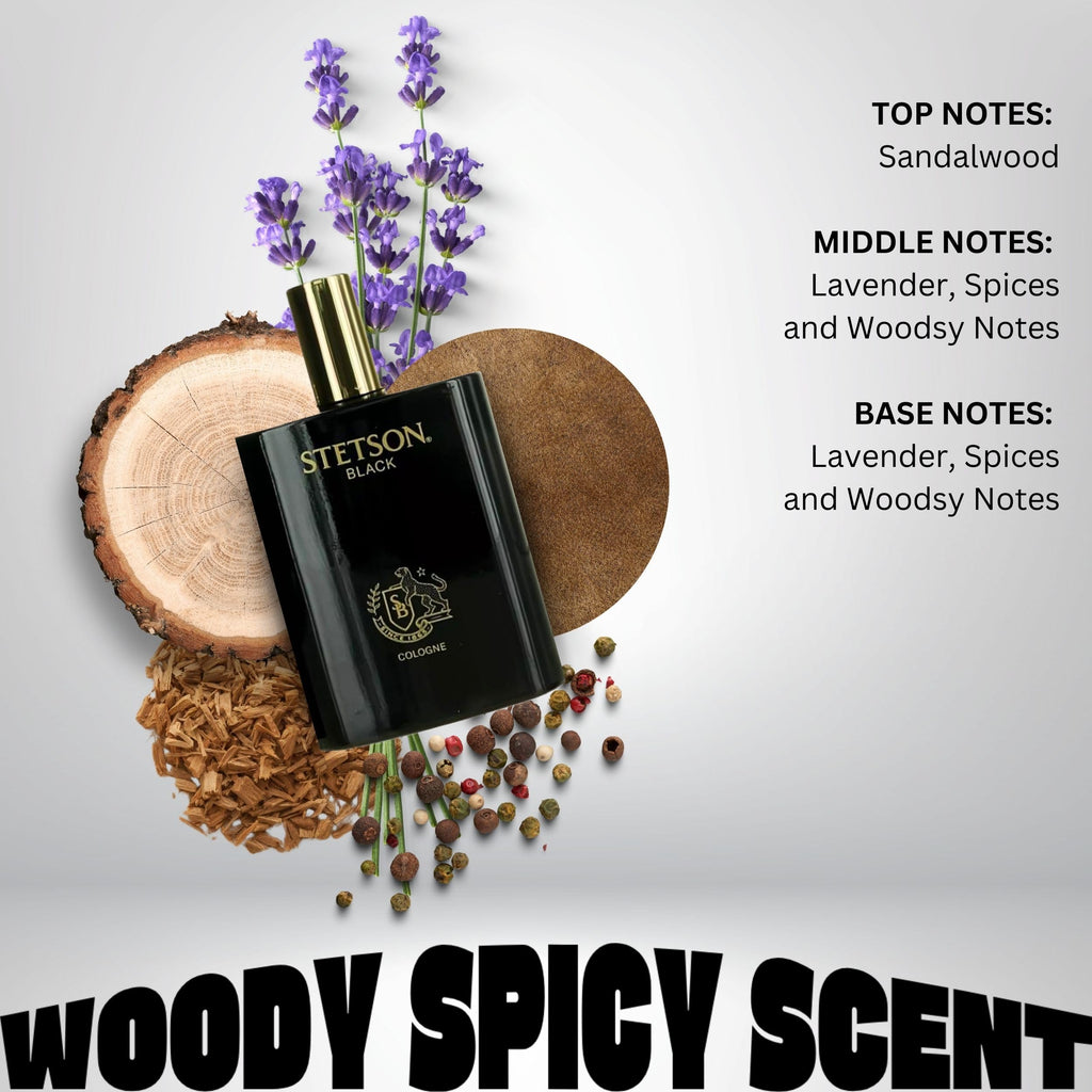 Stetson Black Cologne for Men showcases premium packaging with a woody spicy scent, available at Curat Cart.