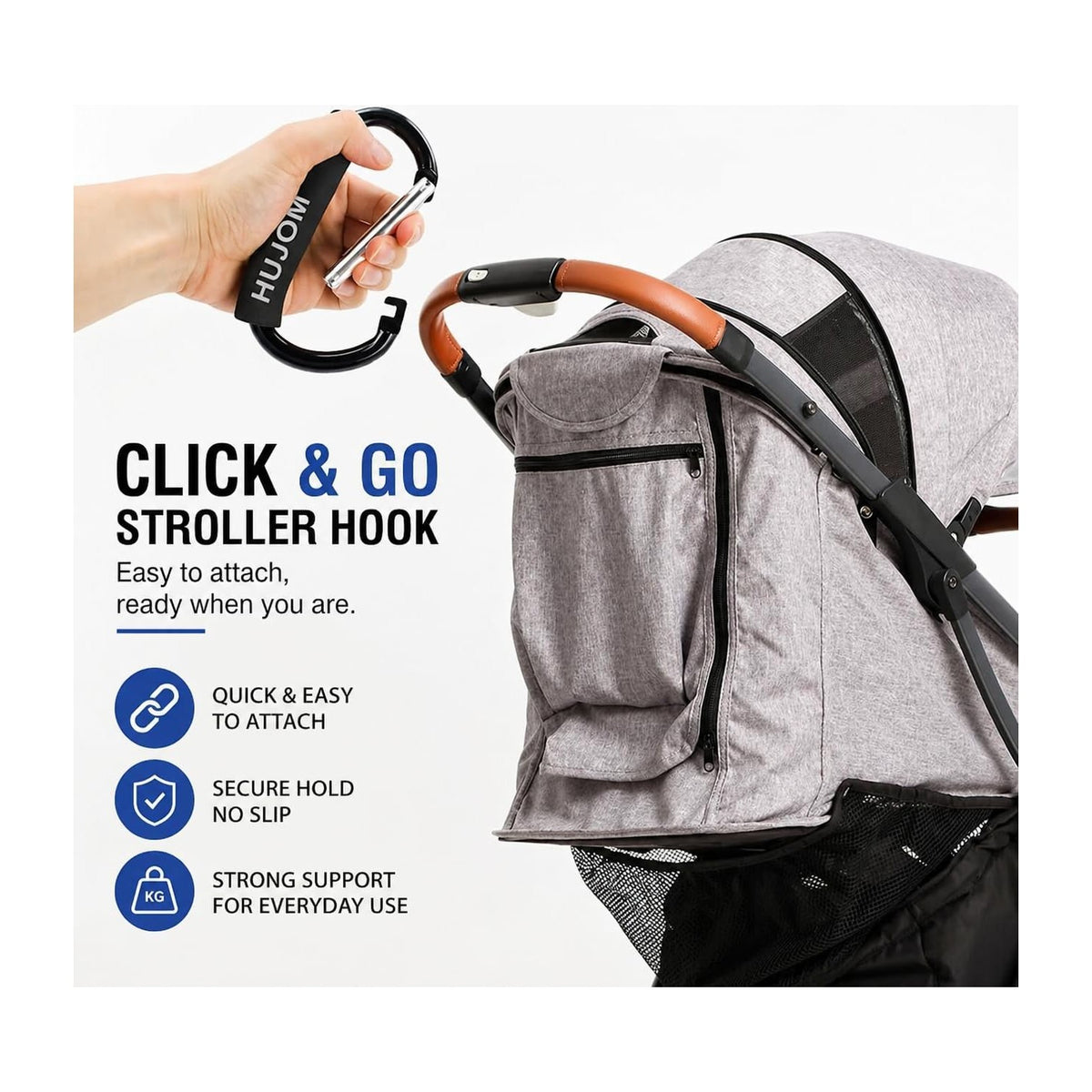 Heavy Duty Stroller Hooks in high-quality packaging, offering quick attachment and strong support for everyday use. Available at Curat Cart.