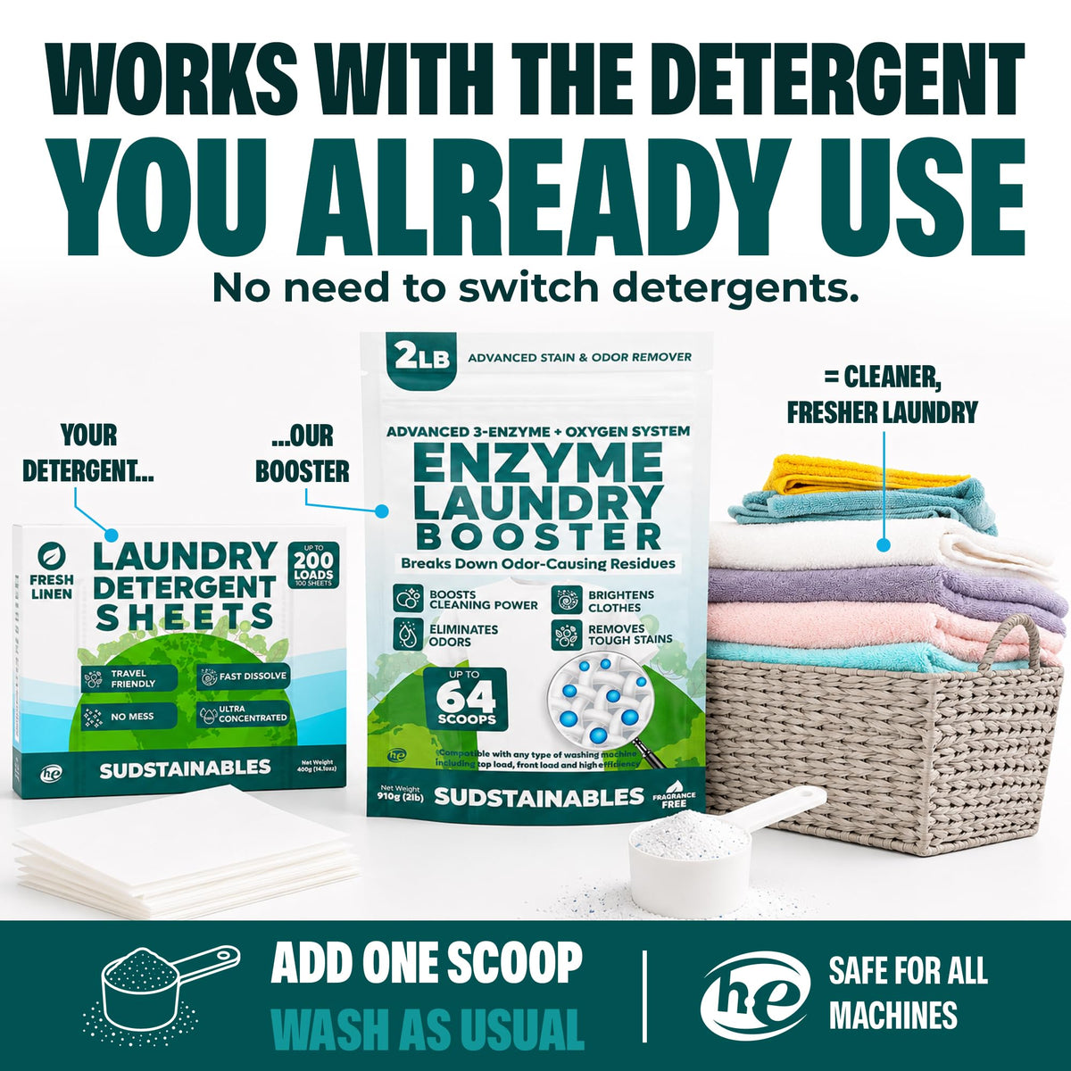 Sudstainables Enzyme Laundry Booster enhances your laundry routine, breaking down residues for fresher results. Available at Curat Cart.