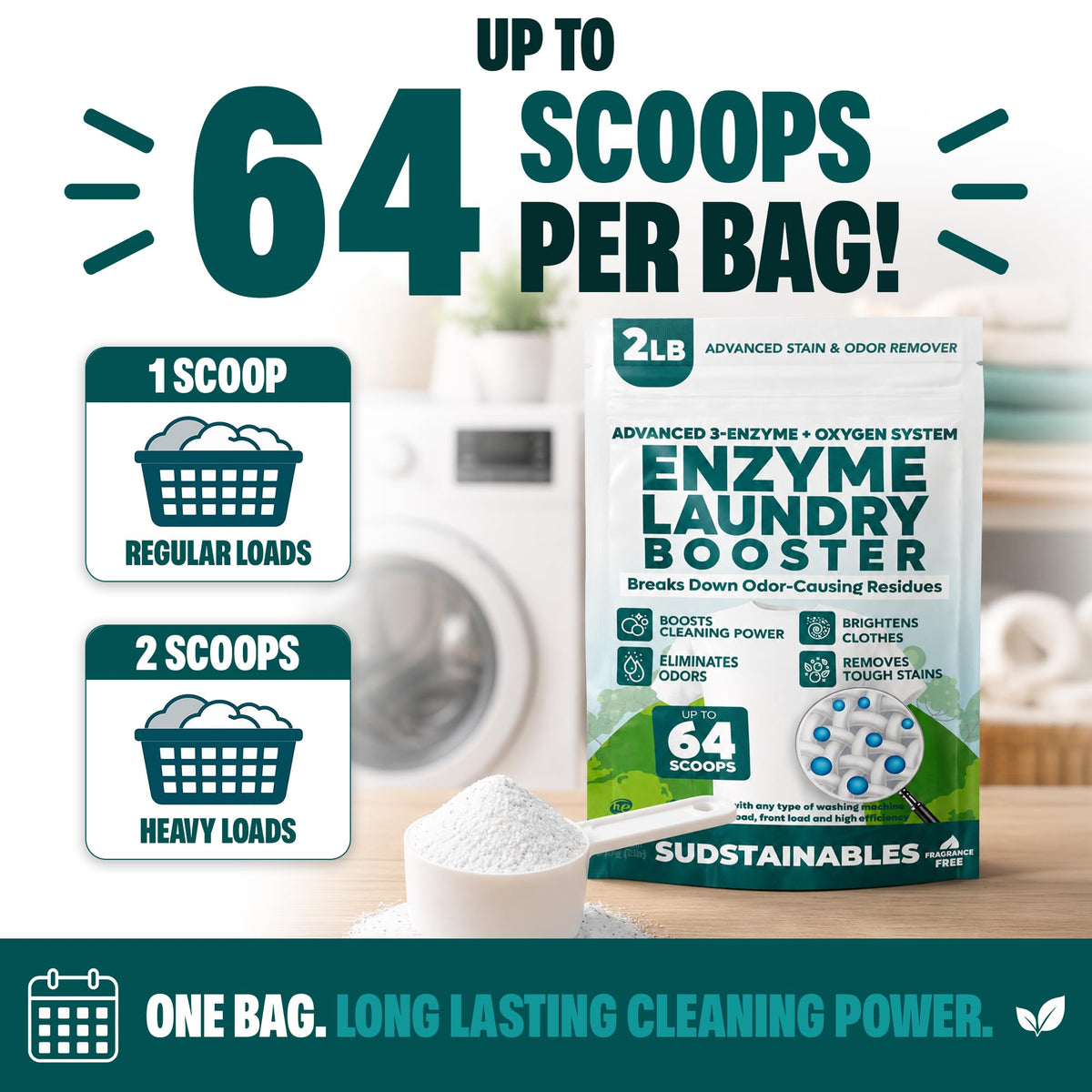 Sudstainables Enzyme Laundry Booster offers up to 64 scoops per bag for effective stain removal. 100% Authentic, available at Curat Cart.