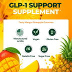 High-quality GLP-1 Support Gummies in official packaging, featuring tasty mango-pineapple flavor, vegan and gluten-free. Available at Curat Cart.