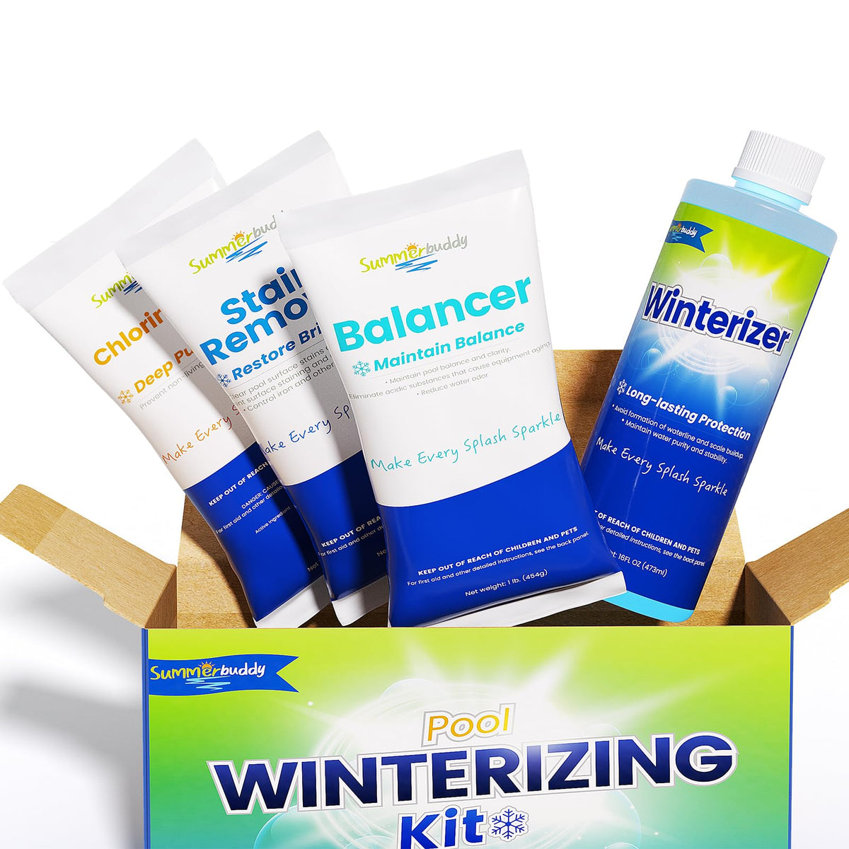 Premium imported Summerbuddy Pool Winterizing Kit includes essential winterizing products for a sparkling pool. Available at Curat Cart.