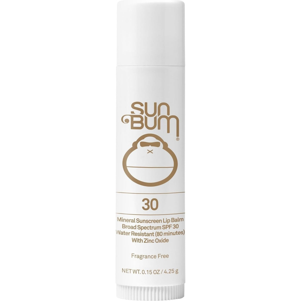 Authentic Sun Bum SPF 30 Mineral Lip Balm, water-resistant, fragrance-free, with zinc oxide for effective sun protection.
