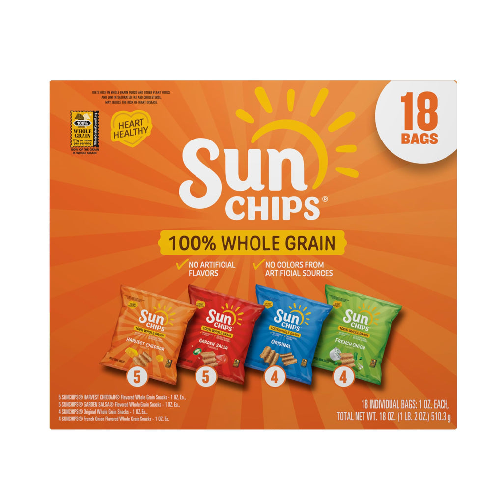 Sunchips Mix Variety Pack features 18 bags of 100% whole grain snacks in official packaging, available at Curat Cart.