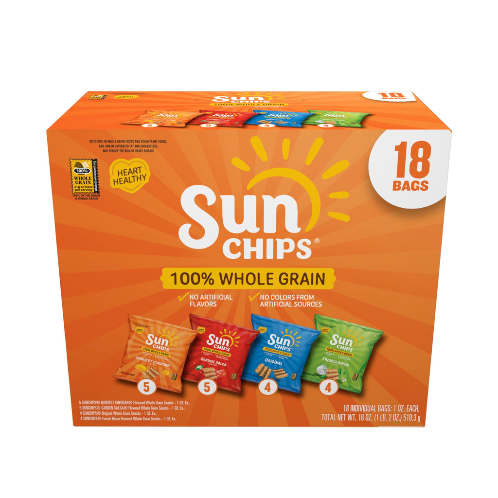 Discover the premium imported Sunchips Mix Variety Pack with 18 bags of 100% whole grain snacks, available at Curat Cart.