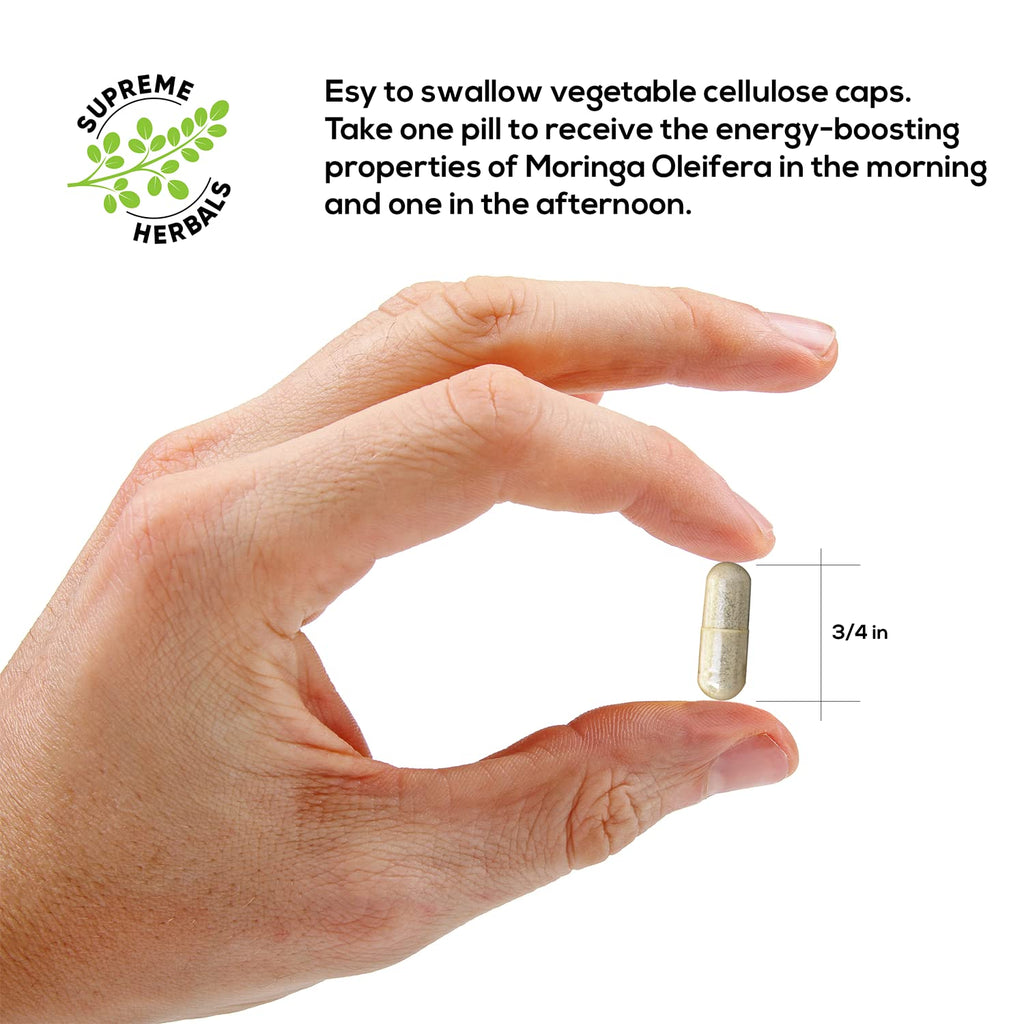 Supreme Herbals Moringa Leaf Powder in easy-to-swallow vegetable cellulose caps, perfect for energy-boosting. Available at Curat Cart.