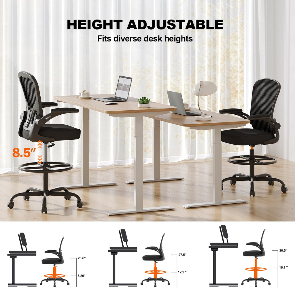Discover the Synorla Ergonomic Drafting Chair, height adjustable for diverse desk heights, exclusively at Curat Cart.
