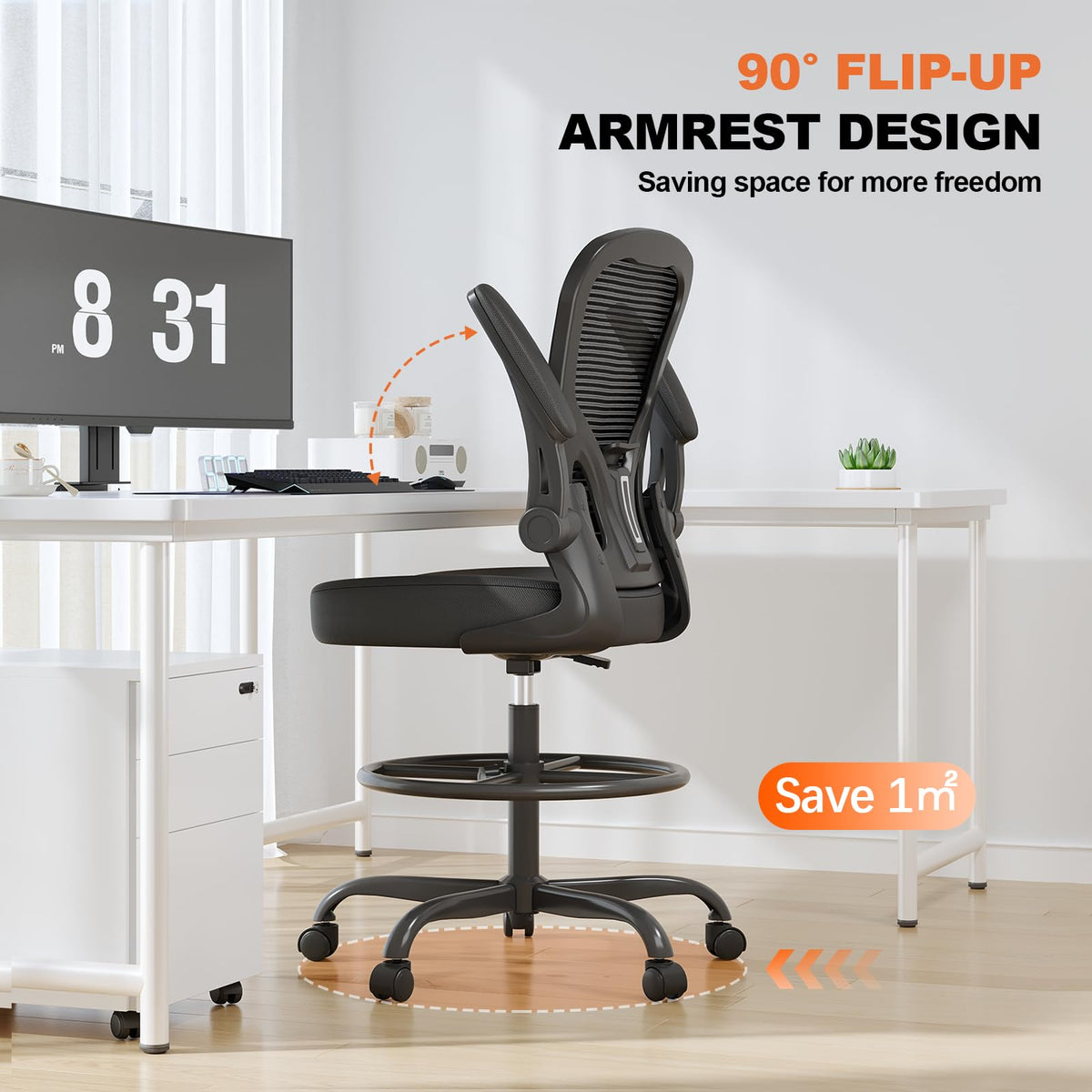 Discover the Synorla Ergonomic Drafting Chair, a premium import designed for comfort and space-saving. Available at Curat Cart.