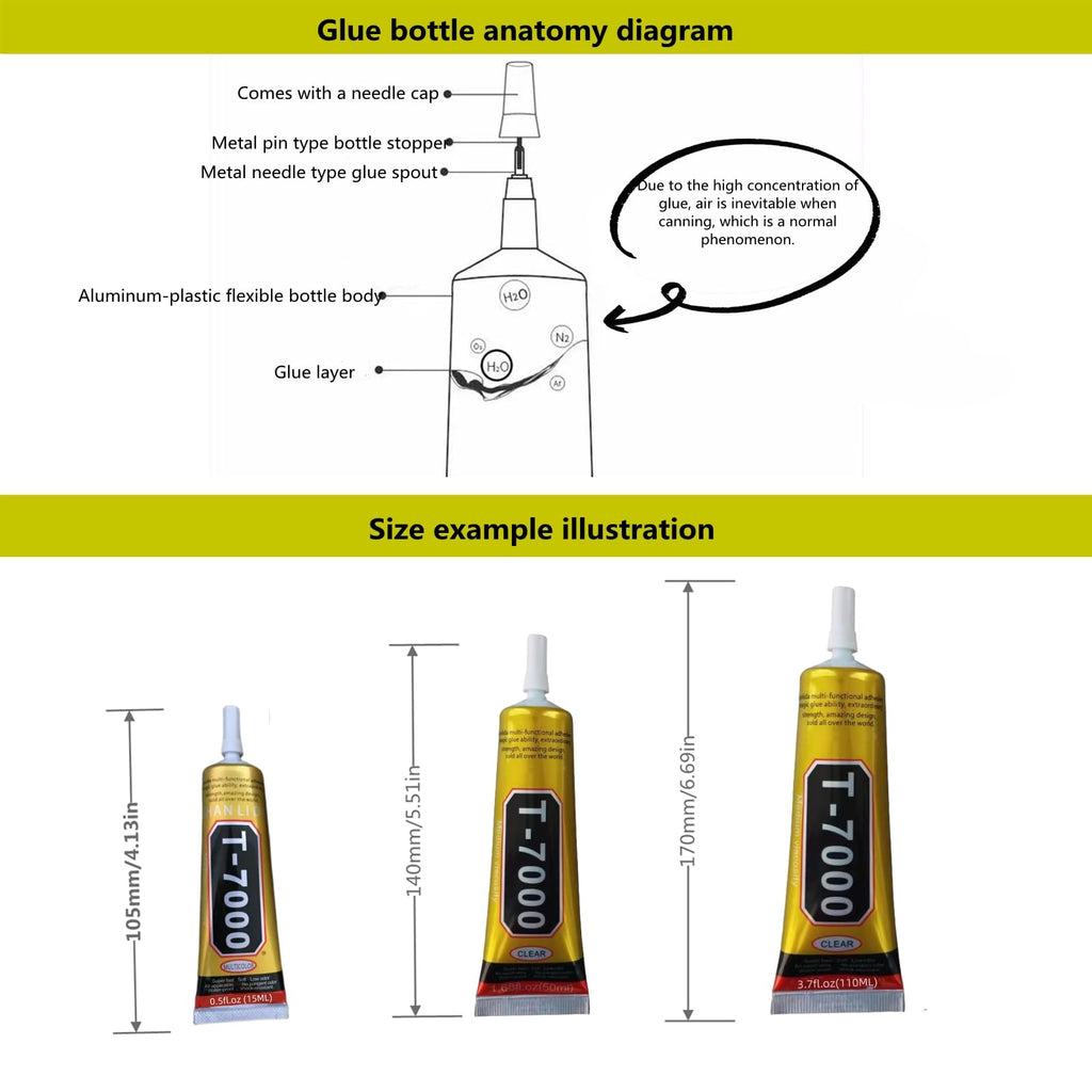 T-7000 Super Adhesive Glue bottle anatomy illustration, 100% Authentic, available at Curat Cart in India.