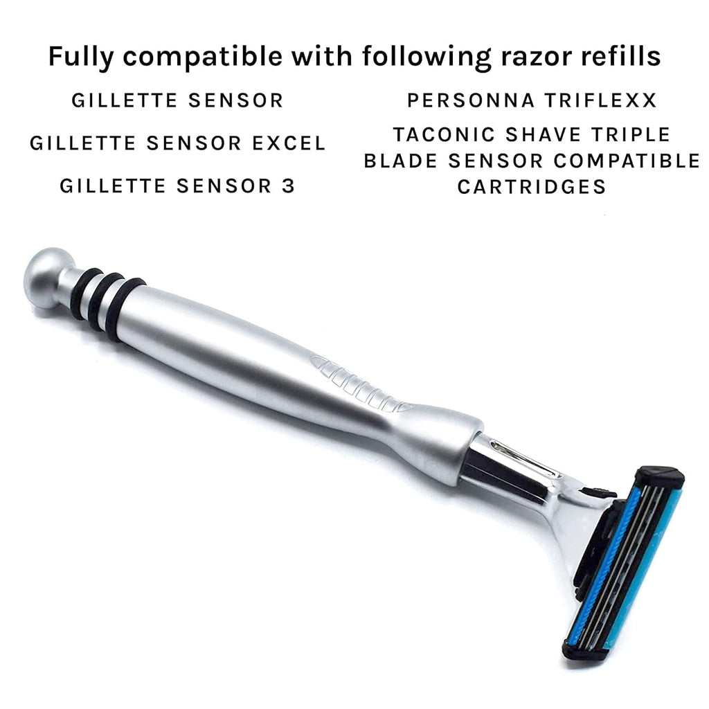 Taconic Heavyweight Triple Blade Razor featuring high-quality finish and compatibility with various razor refills. Available at Curat Cart.