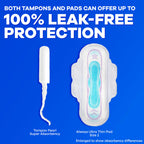 Tampax Pearl Tampons in official packaging, offering 100% leak-free protection. Available at Curat Cart for premium quality.