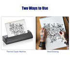 Tattoo transfer paper displayed with thermal copier machine and hand drawing methods, showcasing versatility. Available at Curat Cart.