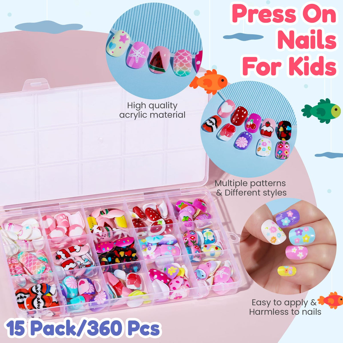 Teenitor Press On Nails for Kids, 15 pack with 360 pieces, features fun patterns, available at Curat Cart for 100% authenticity.