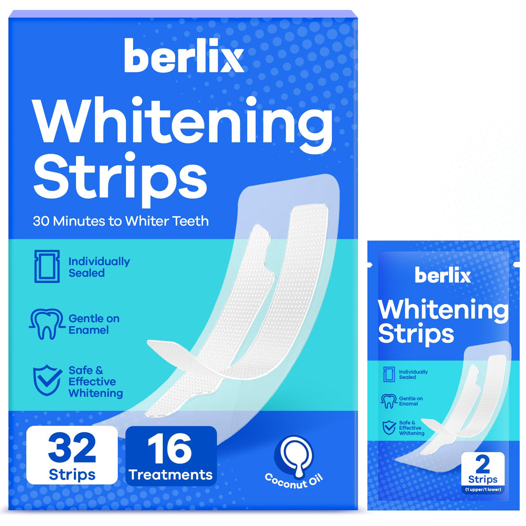 Whitening Strips by Berlix, a premium import for effective teeth whitening. Available at Curat Cart for a brighter smile.