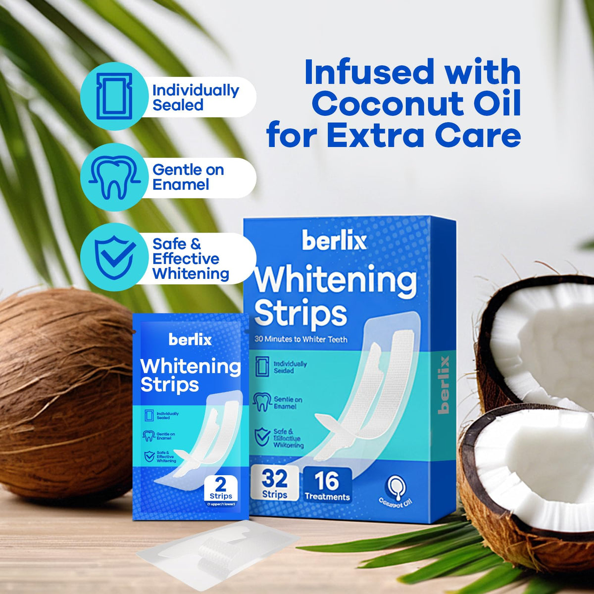 Experience brighter smiles with berlx Whitening Strips, individually sealed and infused with coconut oil for extra care. Specially curated by Curat Cart.