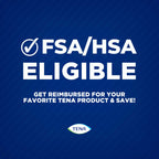 Promotional label highlighting FSA/HSA eligibility for Tena Men Protective Underwear, available at Curat Cart.