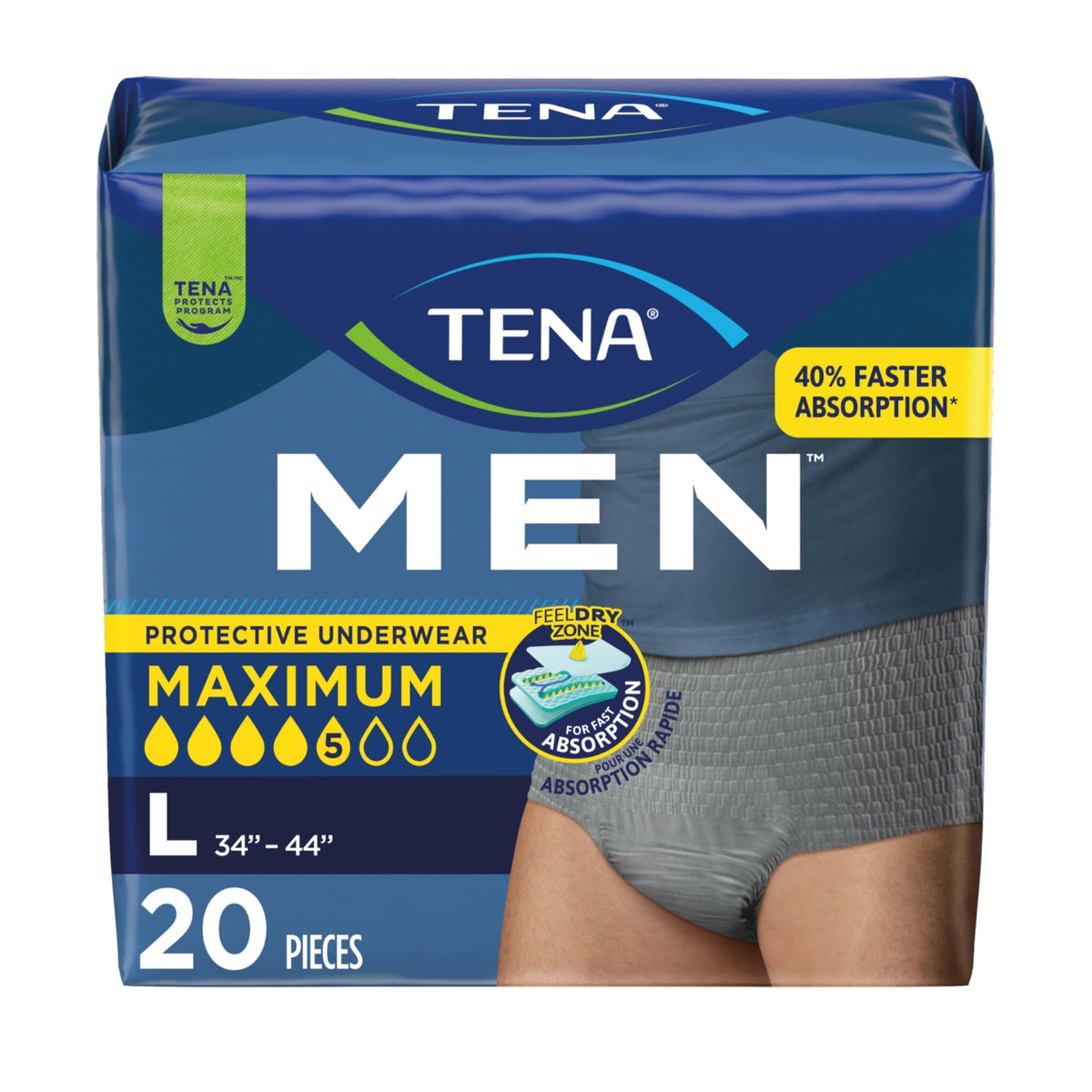 Tena Men Protective Underwear in premium imported packaging, featuring maximum absorption for comfort and protection. Available at Curat Cart.