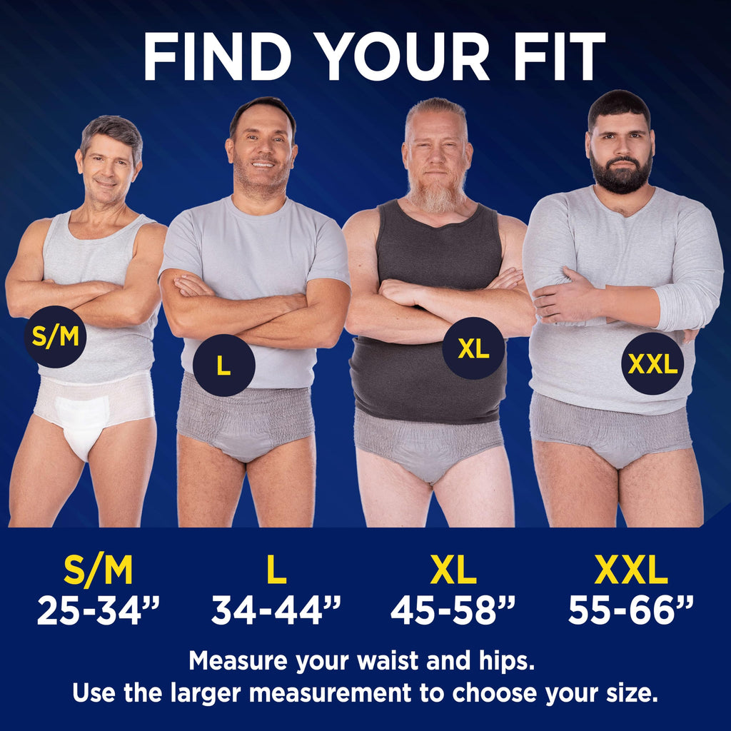 Explore Tena Men Protective Underwear sizing options, ensuring a perfect fit. Available at Curat Cart, 100% Authentic in India.