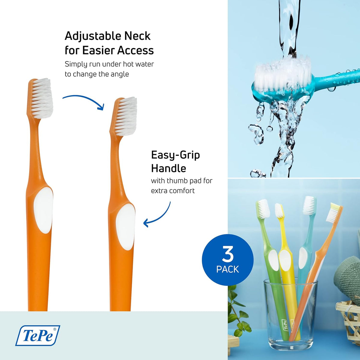 Discover the TePe Supreme Toothbrush in a 3-pack, with adjustable neck and easy-grip handle. Verified by CuratCart for quality.