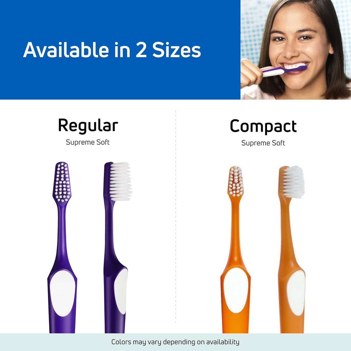 Discover the TePe Supreme Toothbrush, available in Regular and Compact sizes, featuring vibrant colors and soft bristles.