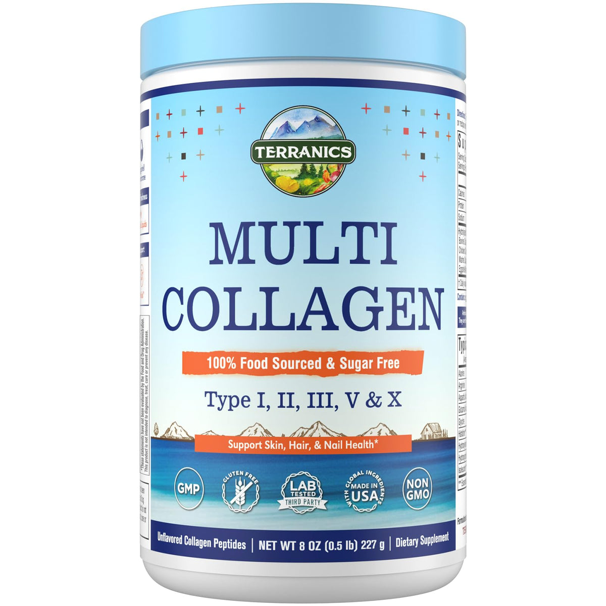 Terranics Multi Collagen Peptides, 100% food sourced and sugar-free, supports skin, hair, and nail health.