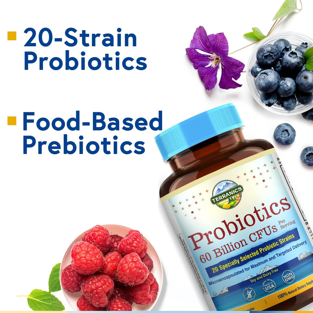 Terranics Probiotics 60 Billion CFU supports gut health with 20 strains, perfect for daily use. Available at Curat Cart.