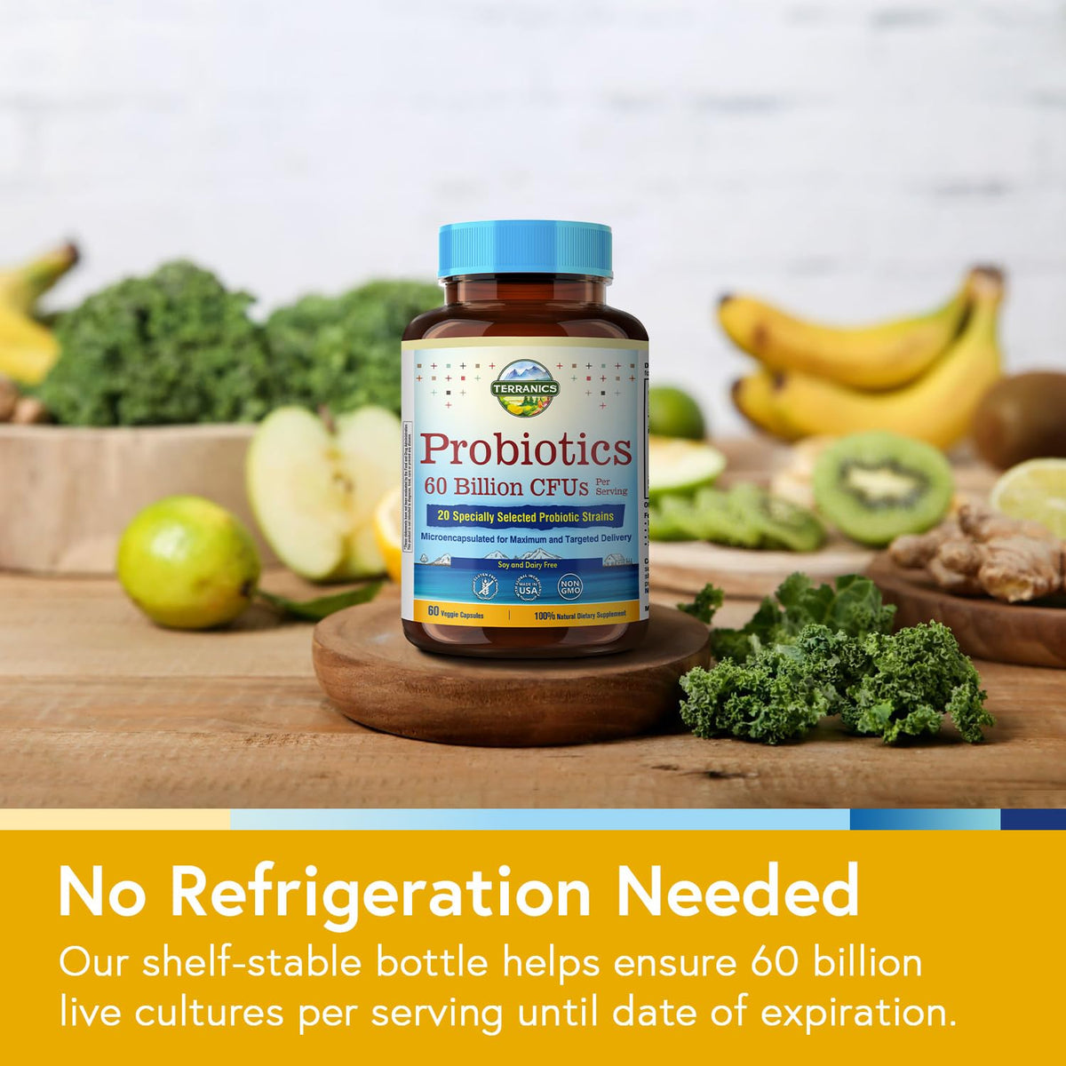 Terranics Probiotics 60 Billion CFUs, specially curated by Curat Cart, ensures 60 billion live cultures per serving without refrigeration.