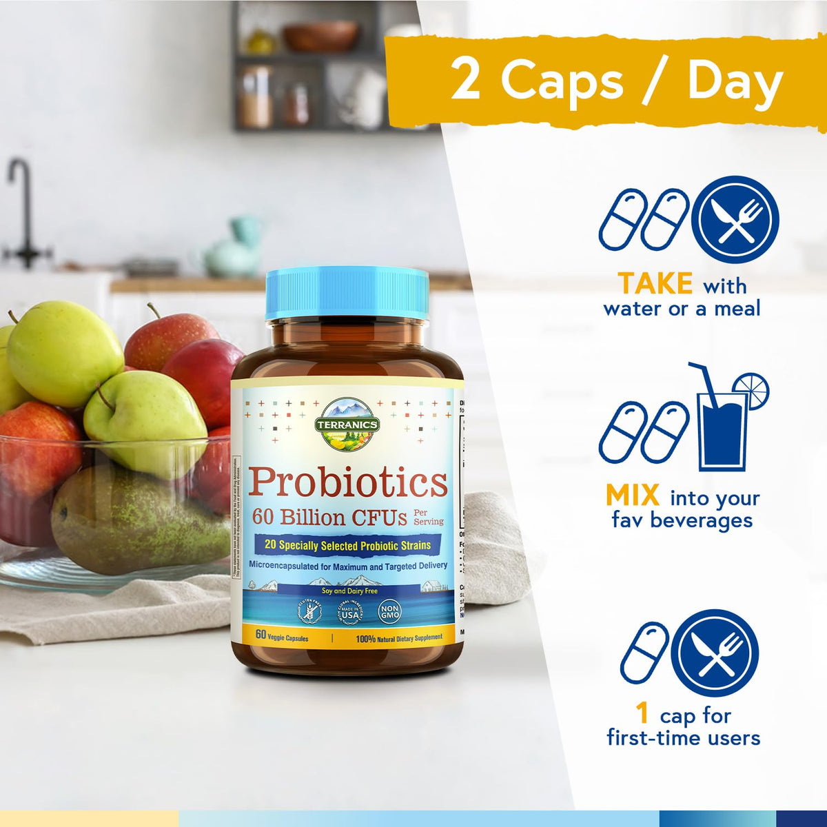 Terranics Probiotics 60 Billion CFU, 100% Authentic, available in India at Curat Cart. Supports digestive health with specialized strains.