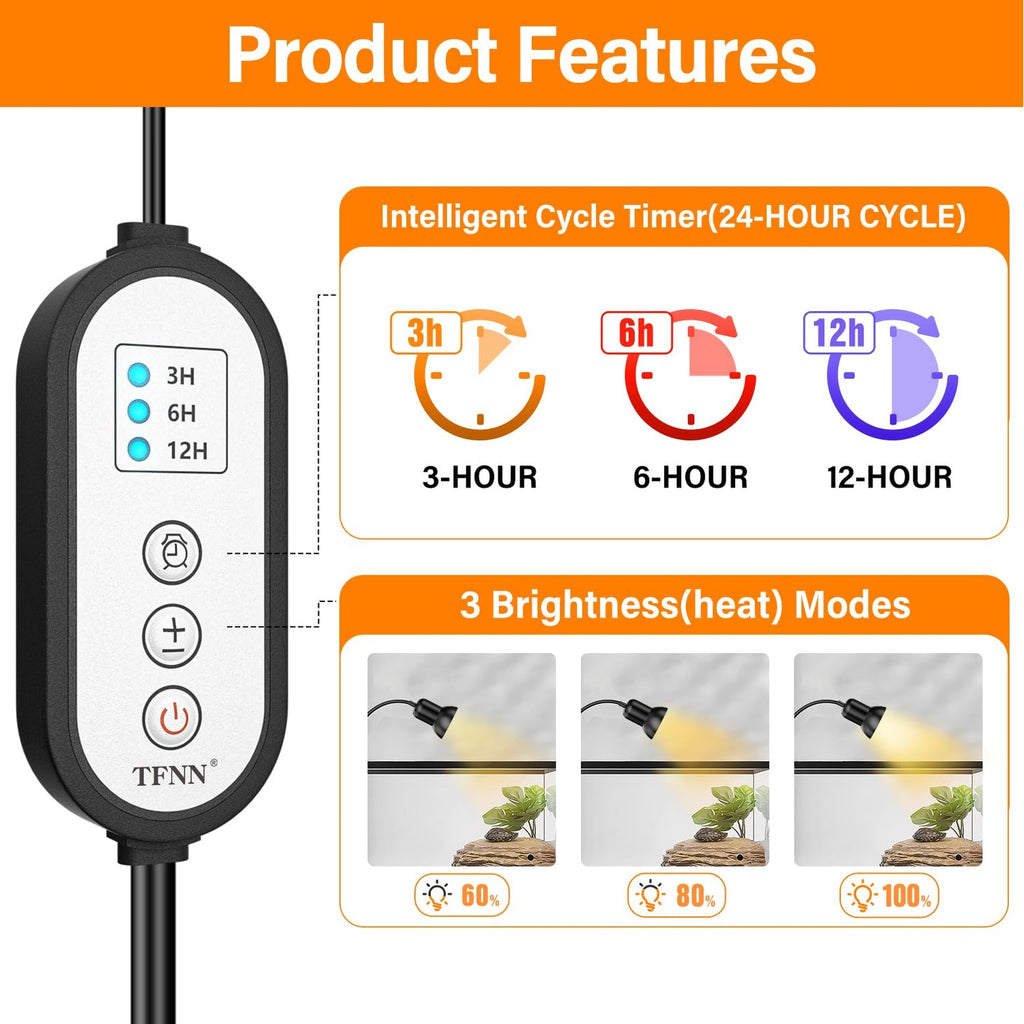 TFNN Reptile Heat Lamp features an intelligent cycle timer and three brightness modes, ensuring optimal heating. Available at Curat Cart.