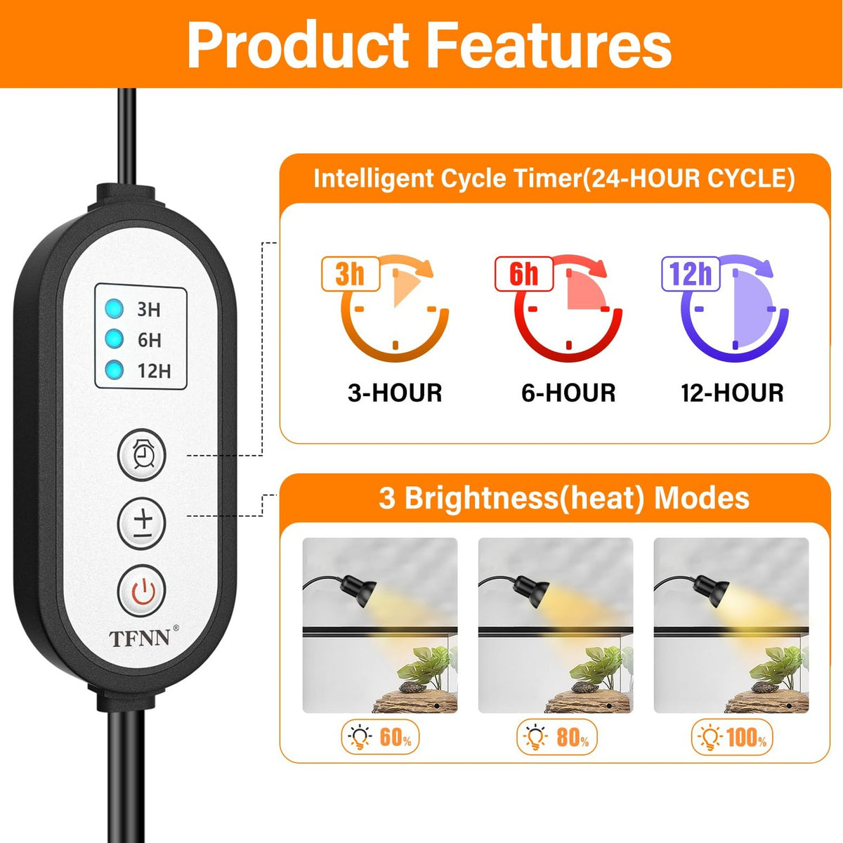 TFNN Reptile Heat Lamp features an intelligent cycle timer and three brightness modes, ensuring optimal heating. Available at Curat Cart.