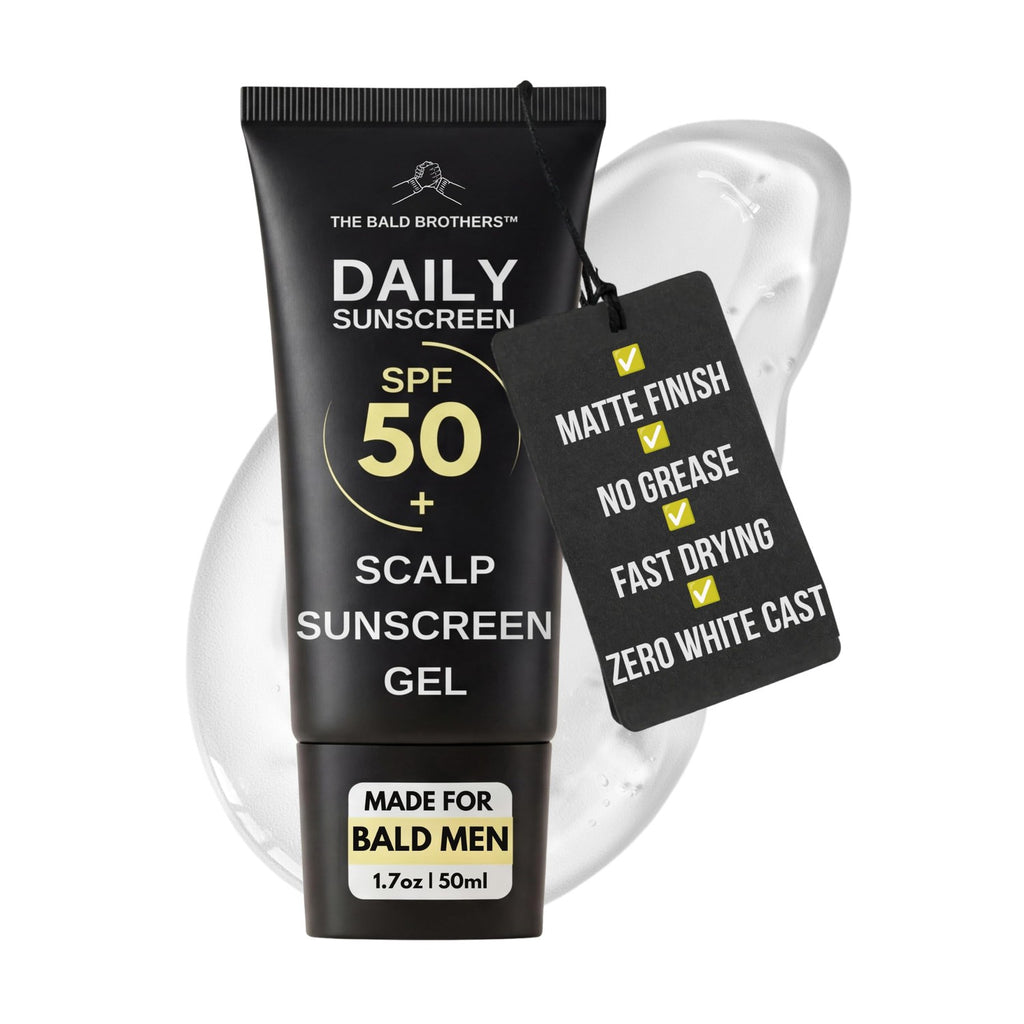 Bald Brothers Bald Head Care Daily Sunscreen Gel, a premium import, offers SPF 50 protection for bald men. Available at Curat Cart.