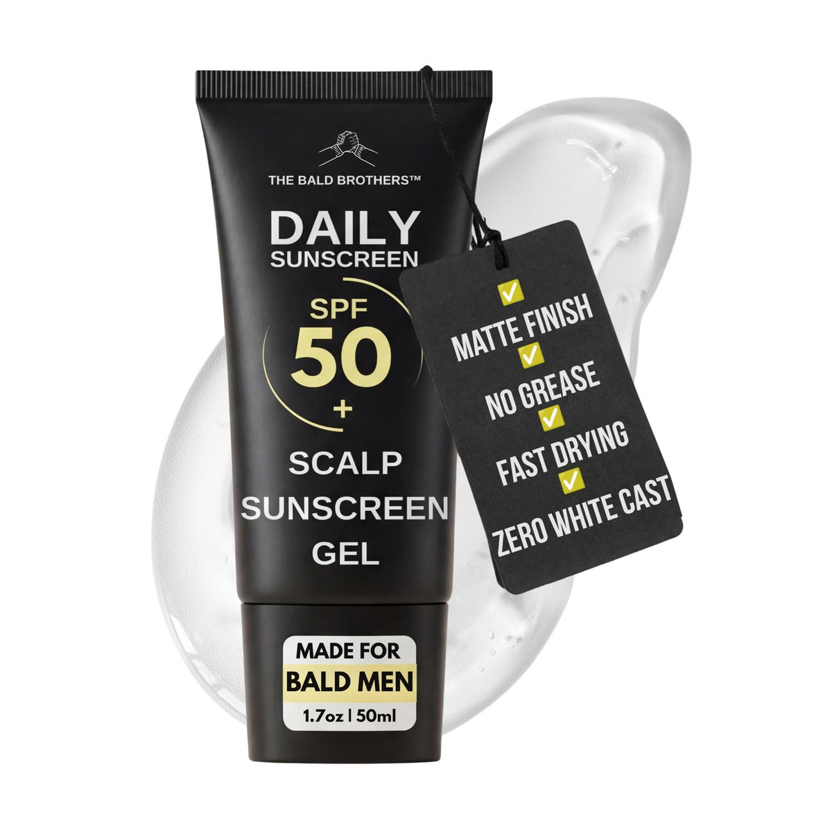 Bald Brothers Bald Head Care Daily Sunscreen Gel, a premium import, offers SPF 50 protection for bald men. Available at Curat Cart.
