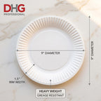 Premium heavy weight grease resistant paper plates, 9-inch diameter, perfect for serving meals. Available at Curat Cart.