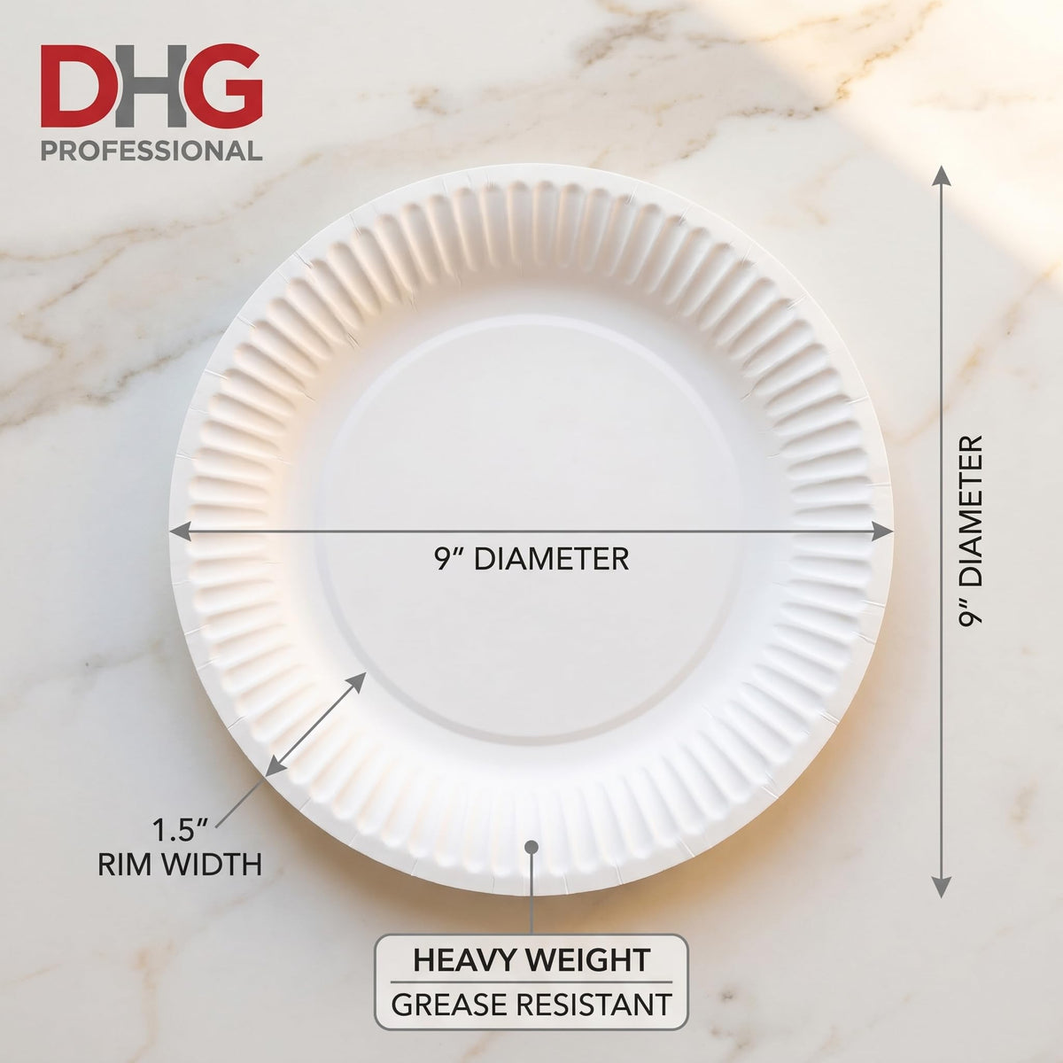 Premium heavy weight grease resistant paper plates, 9-inch diameter, perfect for serving meals. Available at Curat Cart.